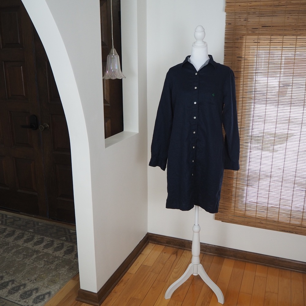 Lauren Ralph Lauren 100% Linen Shirt Dress Sz Medium Petite Navy Preppy Luxury - Picture 6 of 11